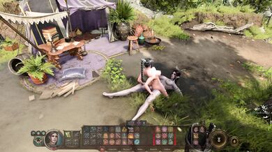"Caught in the act between a horny monster and a seductive sorceress."
