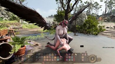 "Caught in the act between a horny monster and a seductive sorceress."