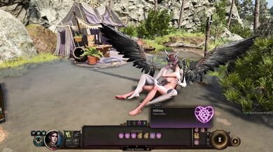 "Caught in the act between a horny monster and a seductive sorceress."