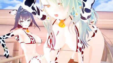 'Cowgirl Kronii, Mumei and Fauna (Futa x Female x Futa)'