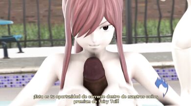 "El desafío de follar entre Erza y Lucy se intensifica, con subtítulos en español."