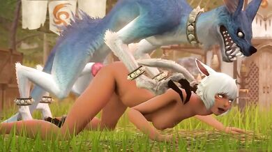 "Brunette babe Yshi gets f***ed by a huge Direwolf while Devil's Cry plays in the background."