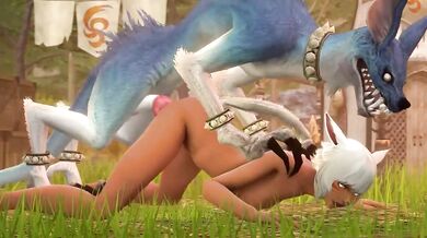 "Brunette babe Yshi gets f***ed by a huge Direwolf while Devil's Cry plays in the background."