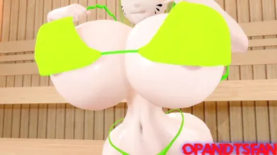 Melony, with her ample breasts bouncing, takes off her bra in front of the camera.