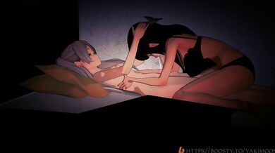 'Frieren and Fern are relaxing at the tavern after a long day of work, their clothes start to slip off as they enjoy each other's company.'