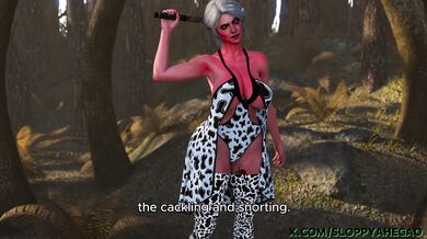 'The adventurous Cow gets seduced by two drunken Goblin warriors in front of a shocked Ciri.'