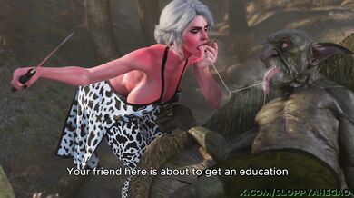 'The adventurous Cow gets seduced by two drunken Goblin warriors in front of a shocked Ciri.'