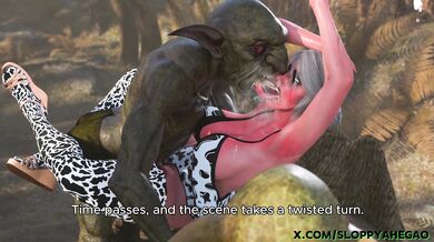 'The adventurous Cow gets seduced by two drunken Goblin warriors in front of a shocked Ciri.'