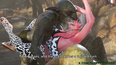 The adventurous Cow gets seduced by two drunken Goblin warriors in front of a shocked Ciri.