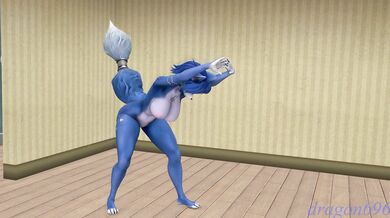 'Busty blonde Krystal does a sexy Cammy stretch while naked in the bedroom'