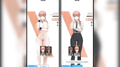 The naked and semi-naked model Nikki (seireiko) is clothed in different outfits while Makima plays with her.