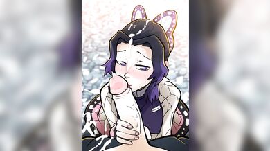 "Shinobu's face is a cum-stained canvas as she moans in pleasure."