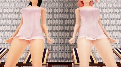 "Sakura and Sarada have a MMD dance party with a sad cat."