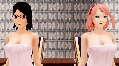 "Sakura and Sarada have a MMD dance party with a sad cat."