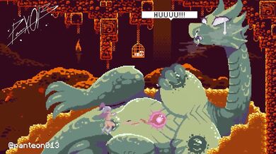 In this steamy scene, a young adventurer finds himself drawn into the lair of an enormous dragon, ready to claim his prize... her pussy.