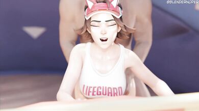 'Mrs. Nishida and her young babysitter Kiriko frolic in the sand and sea!'