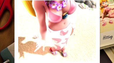 "A Sultry Sunbather and her Frisky Feline Friend, Amidst the Summer Breeze"