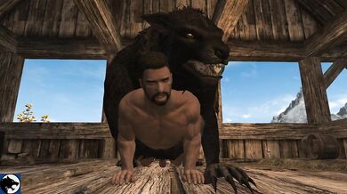 Woman meets a big wolf in the woods, and they end up having passionate sex on the forest floor.