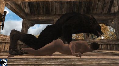 Woman meets a big wolf in the woods, and they end up having passionate sex on the forest floor.