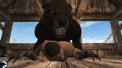 Woman meets a big wolf in the woods, and they end up having passionate sex on the forest floor.