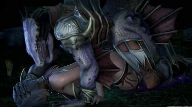 Rewritten as: "Lizardman forces his lustful way into Ivy and Valentine, leaving them begging for mercy."