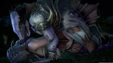 Rewritten as: "Lizardman forces his lustful way into Ivy and Valentine, leaving them begging for mercy."