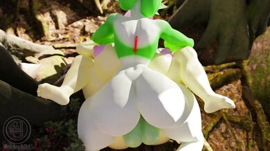 'Gardevoir with her X-shaped wings flutters in the middle of a rainy night, her wet skin glistening under the streetlights as she moans in pleasure.'
