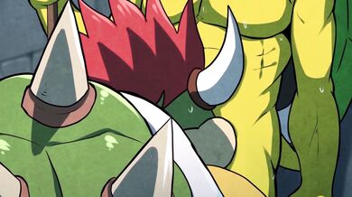 "Mario gets double penetrated by Bowser and a Koopa Trooper while giving them both blowjobs in their castle."