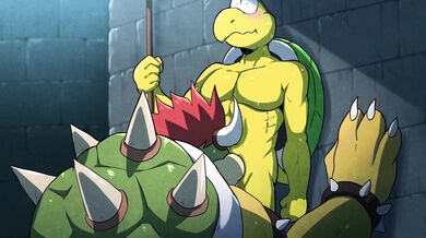 "Mario gets double penetrated by Bowser and a Koopa Trooper while giving them both blowjobs in their castle."