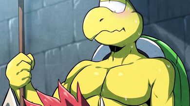 "Mario gets double penetrated by Bowser and a Koopa Trooper while giving them both blowjobs in their castle."