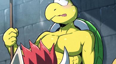 "Mario gets double penetrated by Bowser and a Koopa Trooper while giving them both blowjobs in their castle."