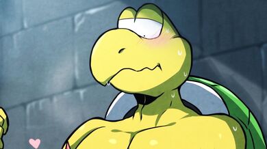 "Mario gets double penetrated by Bowser and a Koopa Trooper while giving them both blowjobs in their castle."