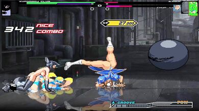 'Kuromaru, the black dog, is about to mate with two bitches, Chun-Li and Rainbow Mika.