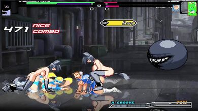 'Kuromaru, the black dog, is about to mate with two bitches, Chun-Li and Rainbow Mika.