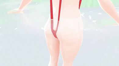 'Leo, the anime girl, swims in a micro bikini with her nipples peeking through.'