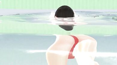 'Leo, the anime girl, swims in a micro bikini with her nipples peeking through.'