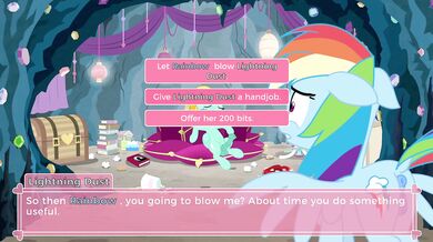 "A raunchy romp with Rainbow Dash and her pony waifu in a simulated world of rainbows!"