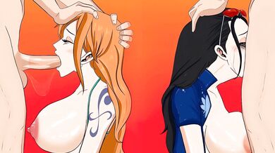 'Nami and Nico facefucked by a creature with a massive dick'