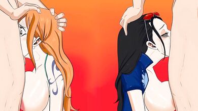 'Nami and Nico facefucked by a creature with a massive dick'