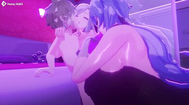 'Big-breasted babes and their muscular partners take pleasure in a passionate, three-way romp at night.'