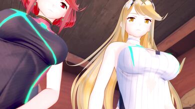 "Two horny girls teasing each other with their vibrating pussies on the couch."