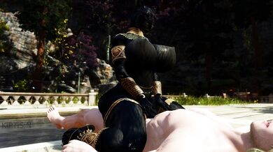 'Leather-clad Khajiit female cat mounts a golden phallus while riding on top of it, moaning in pleasure.'