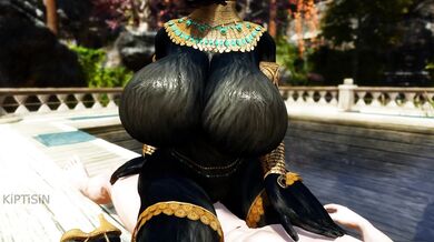 'Leather-clad Khajiit female cat mounts a golden phallus while riding on top of it, moaning in pleasure.'