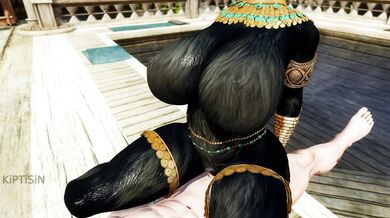 'Leather-clad Khajiit female cat mounts a golden phallus while riding on top of it, moaning in pleasure.'