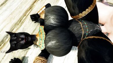 'Leather-clad Khajiit female cat mounts a golden phallus while riding on top of it, moaning in pleasure.'