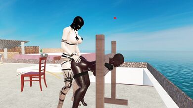 'Masquerade Mistress Rides Black Futanari Slave in a Punishment Device'