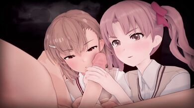 Misaka and Kuroko engage in a sensual handjob during the full moon.