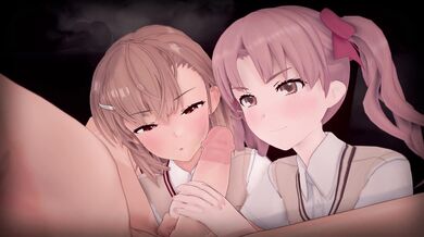 Misaka and Kuroko engage in a sensual handjob during the full moon.