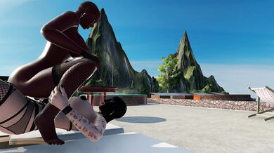 'Masked Mistress, dressed in black, commands her naked slave to mount her from behind on the white leather couch.'