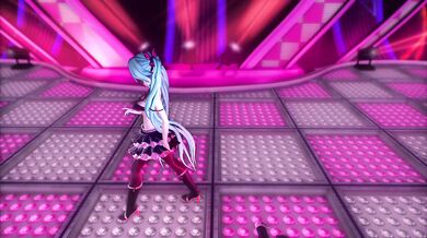 'Miku Hatsune, the digital idol, dances naughtily in her devilishly cute outfit!'